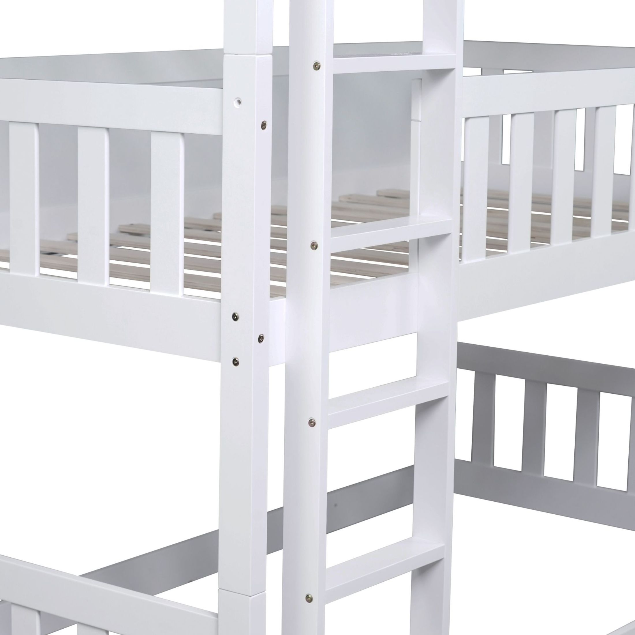 Noble House Lydia Triple Rubber Wood Bunk Bed, Convertible Twin over Twin over Twin with Guardrails and Ladders, White