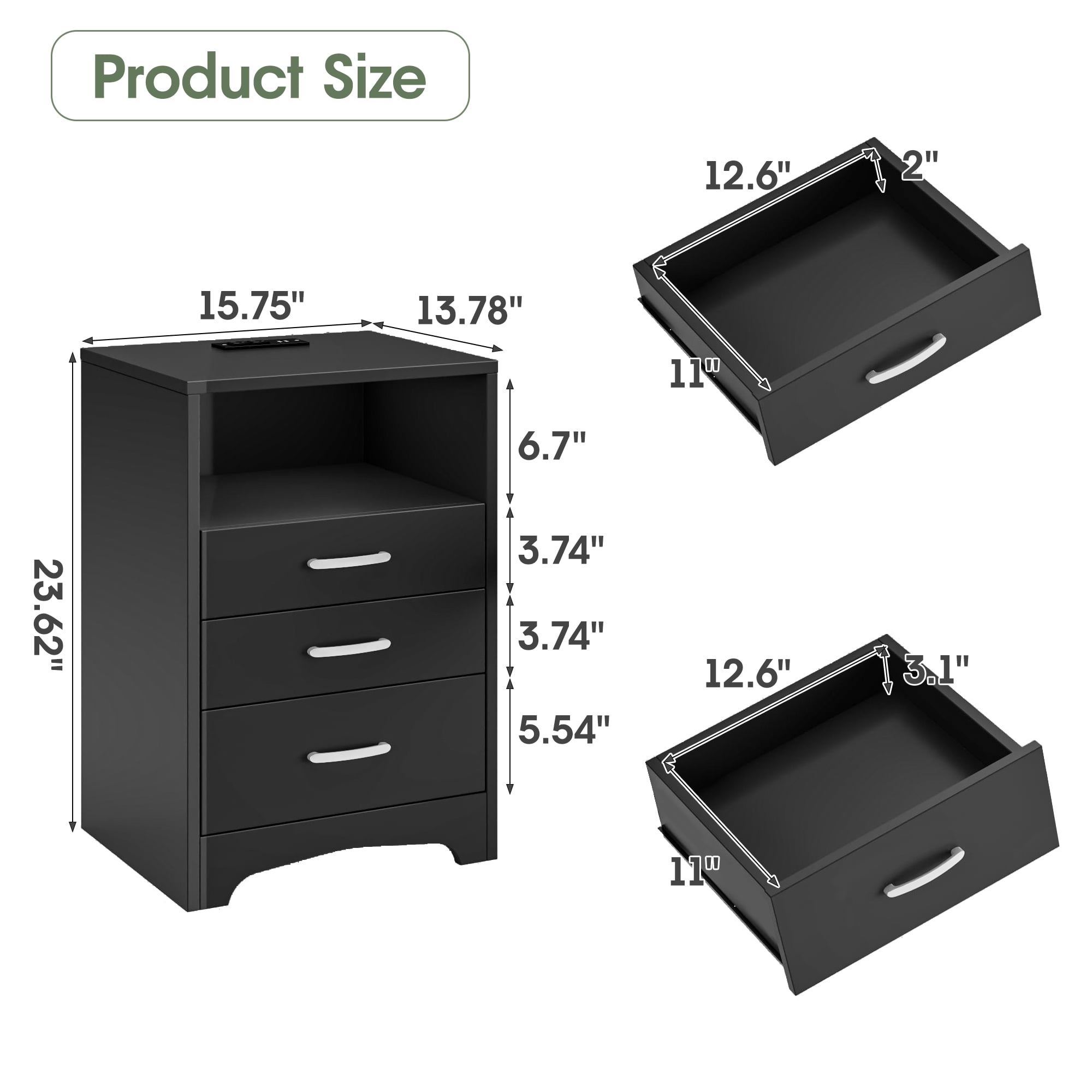 VEANERWOOD Nightstand Set of 2 with 3 Drawers and Charging Station 24" H End Side Table, Black
