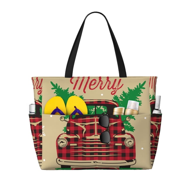 Disketp Christmas Vintage Red Truck Bolsa de Playa de Gran Capacidad, Bolso Impermeable y a Prueba de Arena para Mujer, Ideal para Playa, Piscina y Natación