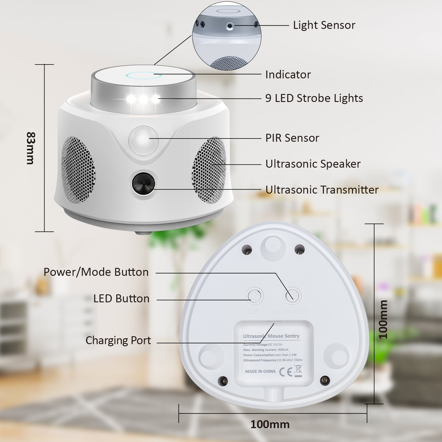 Dr.Shark 360° Smart Ultrasonic Mouse Repellent, 2pc, Smart Detection, 4 Speakers, 9 Flashing Light