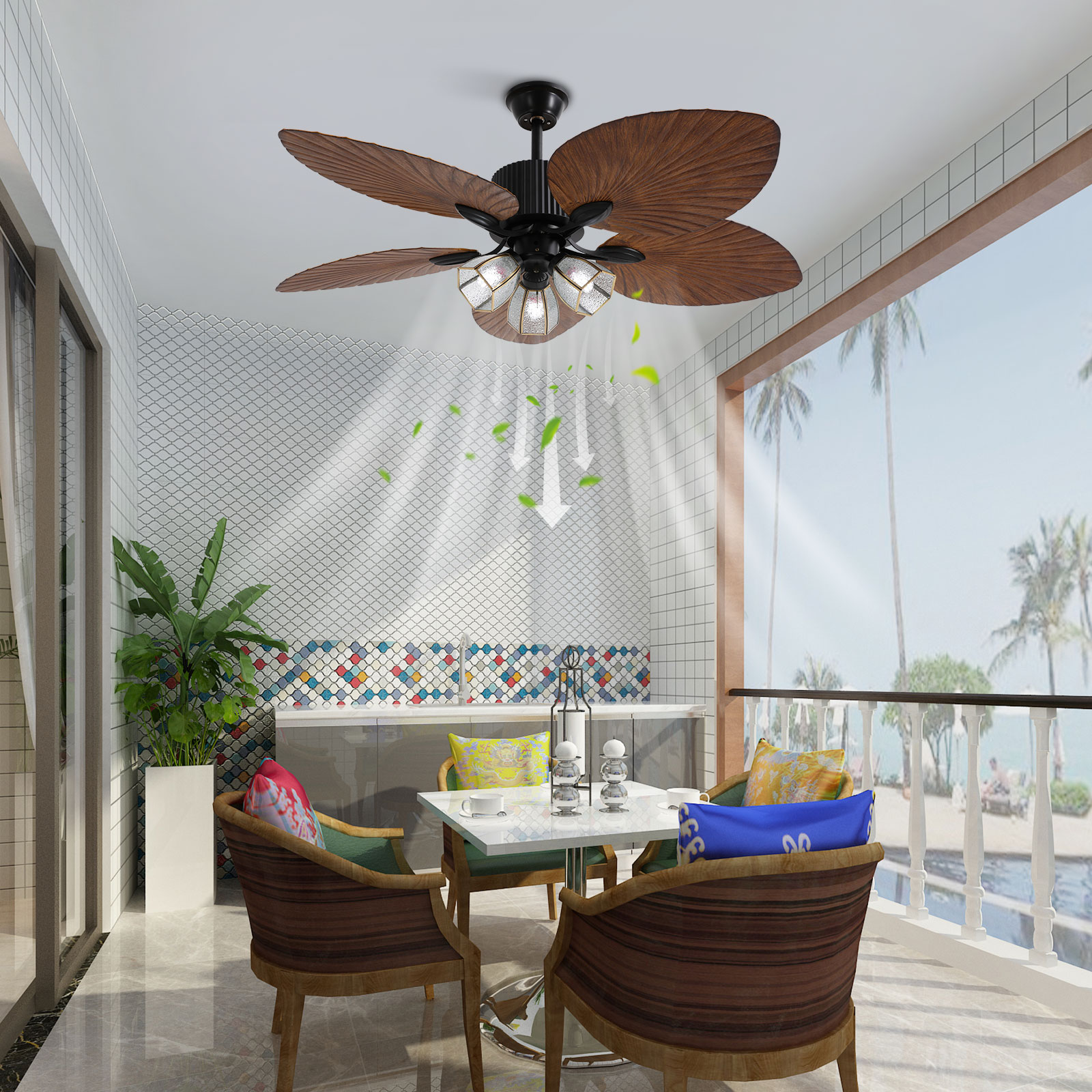 Black ABS 52-Inch Fan Chandelier Remote Control Positive And Negative Three-Burner Black Leaf Fan Ceiling Lamp
