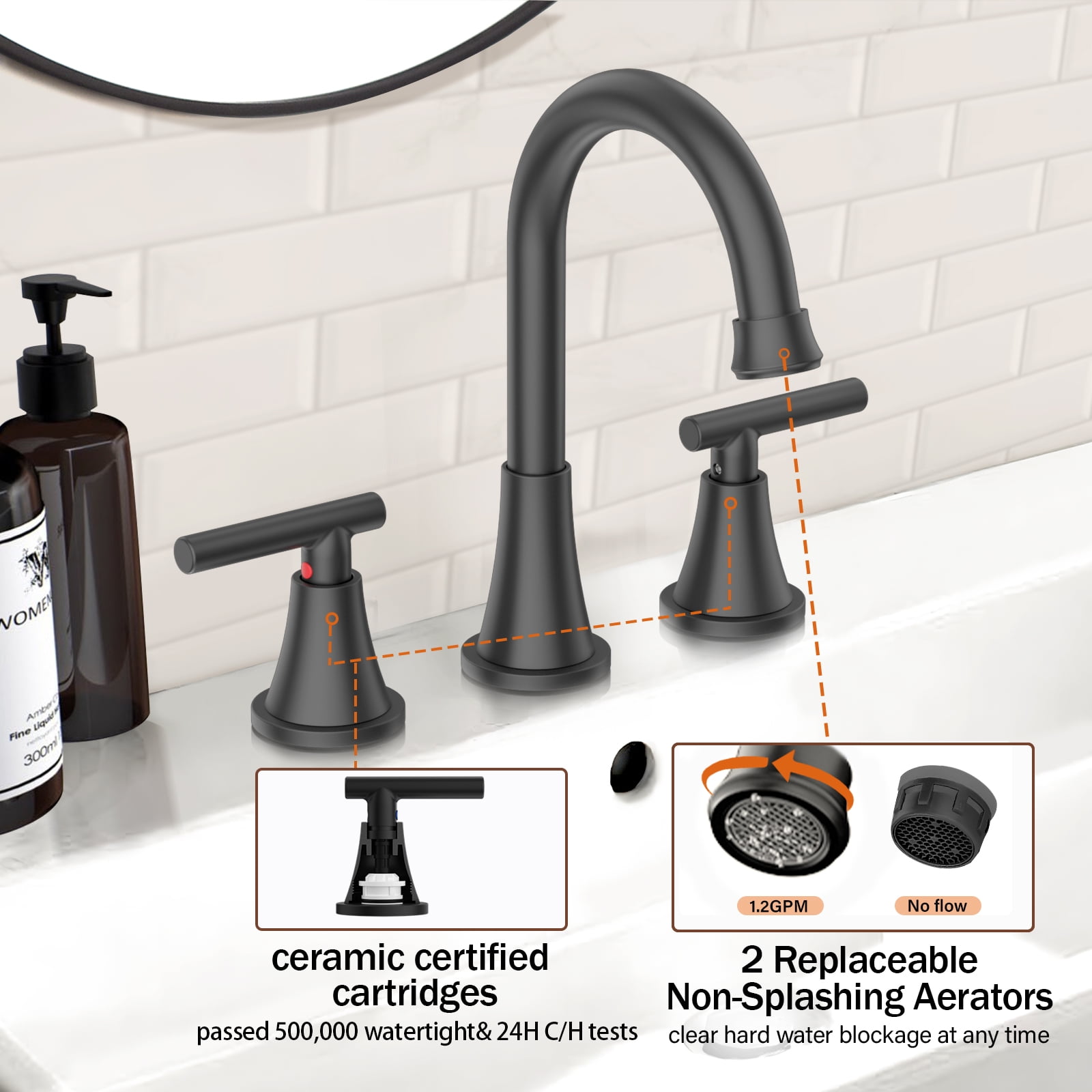 KINGTACK Bathroom Faucet for Sink 3 Hole, 8 Inch Bathroom Faucets with Pop-up Drain and Supply Lines, Matte Black