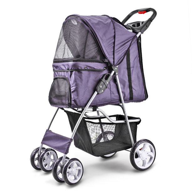 Folding Pet Stroller with Rain Cover and Cup Holder, Light Purple