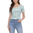 thumbnail image 1 of INSPIRAR CHIC Blusa de campesina floral de ajuste slim con smock para mujer, color cian, talla L, 1 of 6