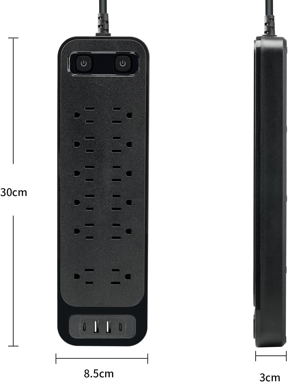Power Strip with Surge Protection, Plug 12 Outlet Surge Protector Extender with 2 USB & USB-C Port, Flat Plug Extension Cord, Outlet Extender for Living Room, Bedroom, Travel, College, Dorm