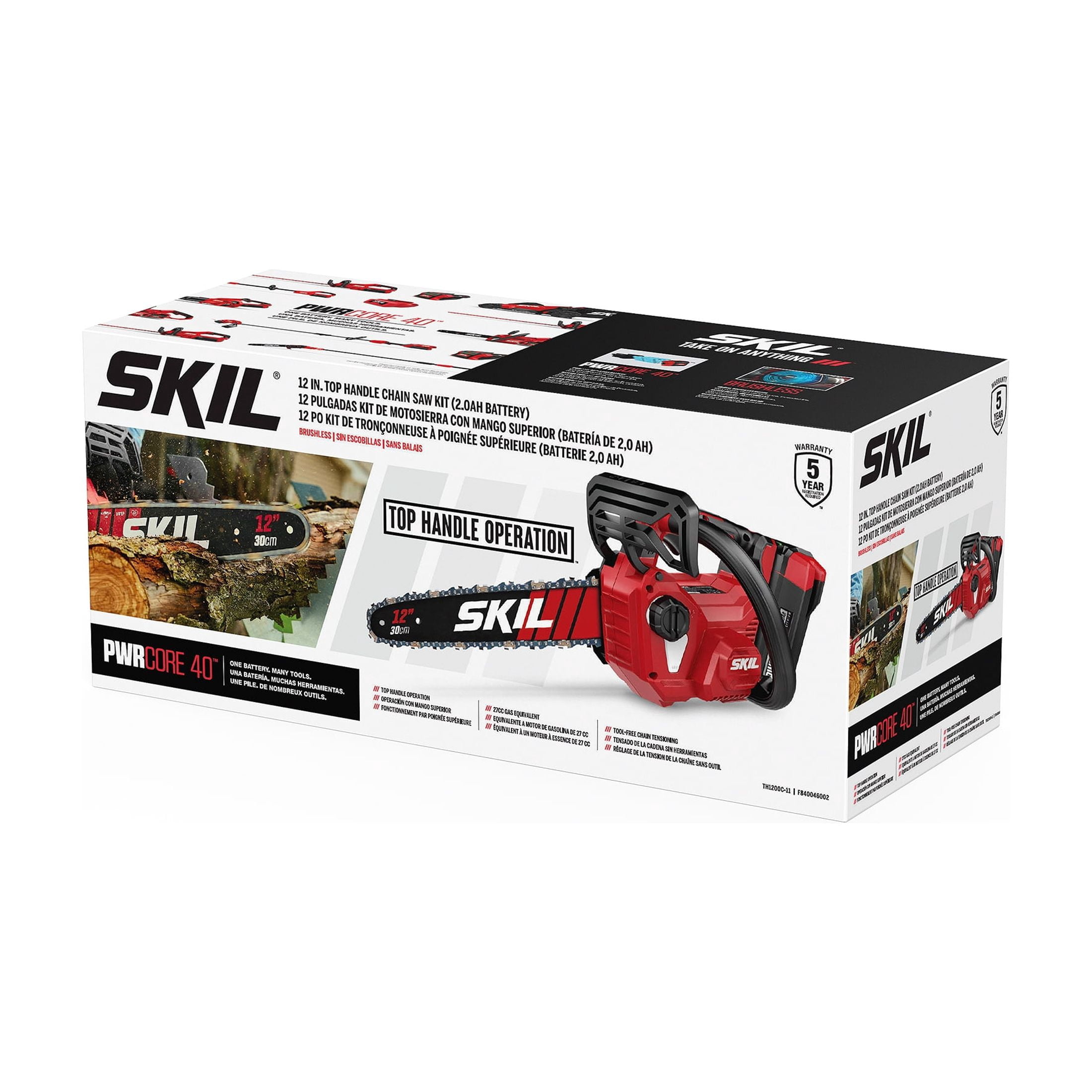 SKIL PWR CORE Brushless 40V 12-inch Chain Saw , Tool-Less Chain Tensioning, 2.0Ah Battery and Charger, TH1200C-11