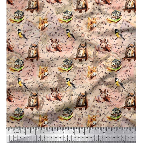 Soimoi Velvet Fabric Owl,Squirrel & Rabbit Animal Print Fabric by The Yard 58 Inch Wide