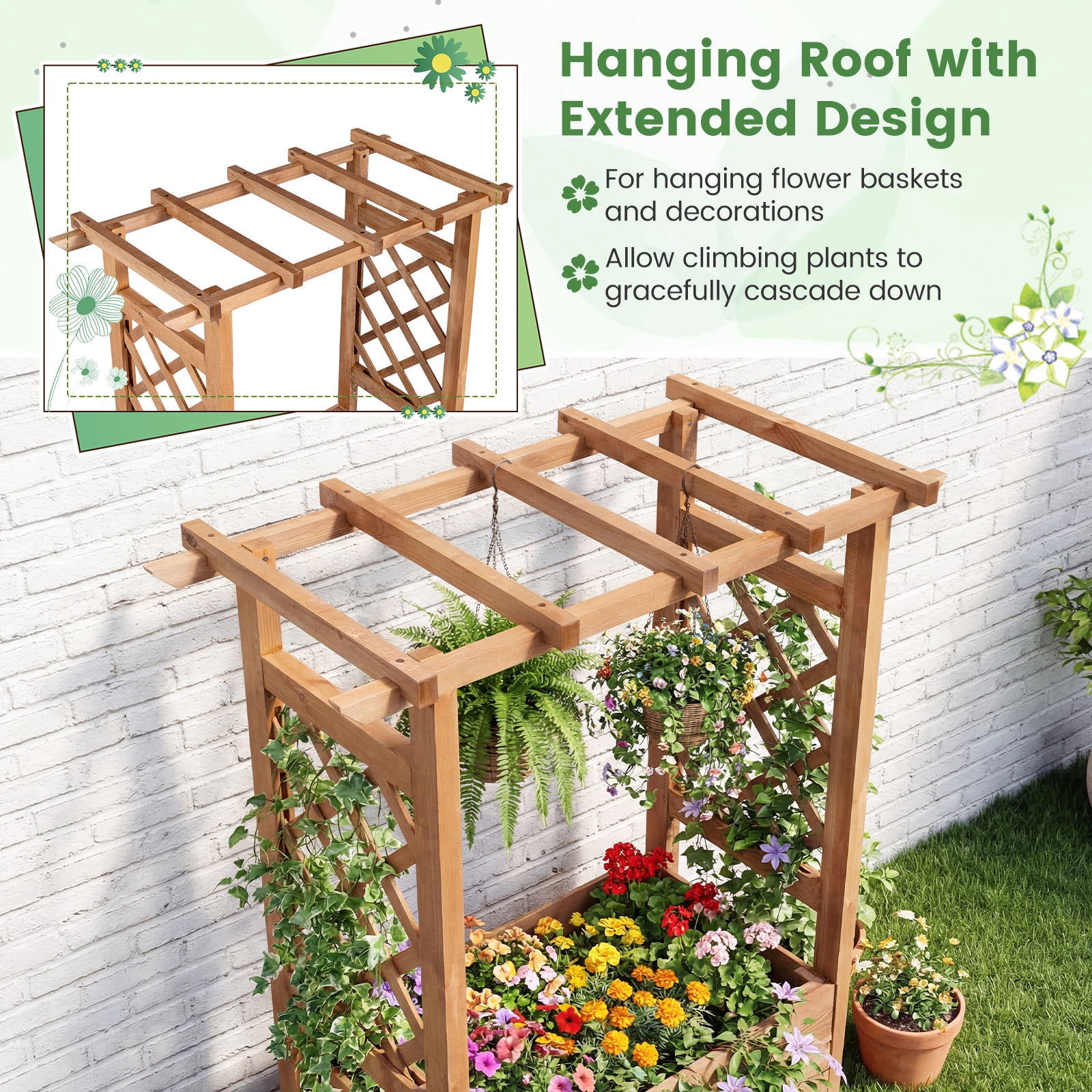 Gymax Wooden Raised Garden Bed/ Lattice Trellises Hanging Roof Drainage Indoor Outdoor