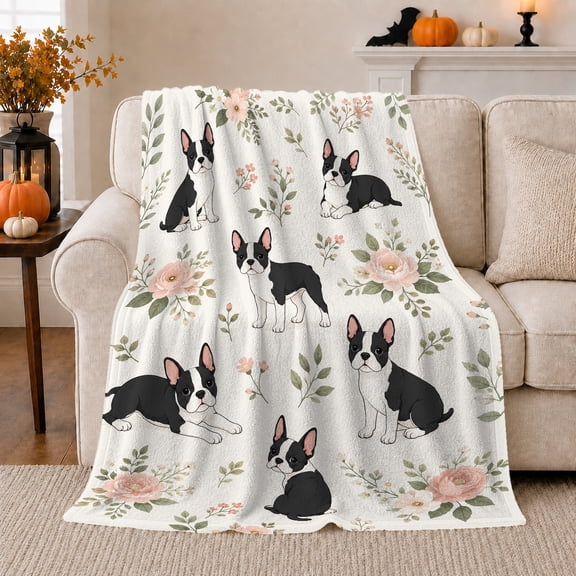 Boston Terrier Dogs Pink Roses Watercolor Illustration, Cozy Pet Portrait Pattern, Warm Flannel Blanket for Living Room and Bedroom, Dog Lovers Pet Adoption Gift, Pet Lover Home Decor