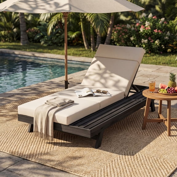 Gearwell Outdoor Chaise Lounge, Acacia Wood Patio Lounger and Pool Lounge Chair Set with Headrest, Beige 3-Fold 4 Inch Water-Resistant Cushion, Black Frame for Backyard