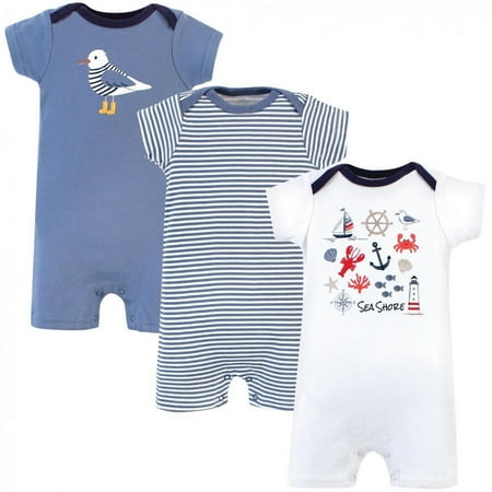 UPC: 0660168527605 | Hudson Baby Infant Boy Cotton Rompers 3pk  Sea Shore  0-3 Months