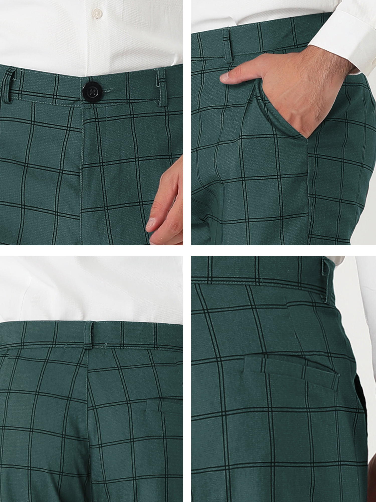 Unique Bargains Men's Slim Fit Plaid Business Pants Trousers with Pockets 32 Dark Green