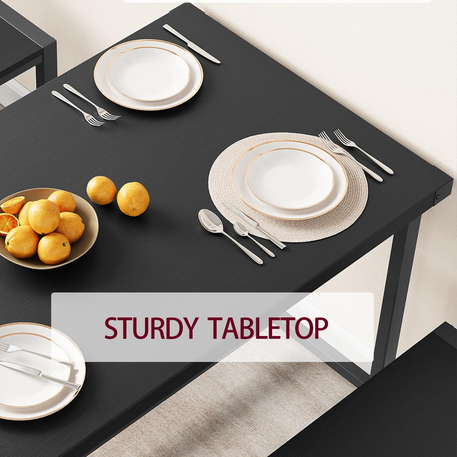 EastVita Black 3-Piece Dining Table Set for 4 with 2 Benches and Corner Protectors and H-Shaped Frame Compact for Apartments and Small Spaces