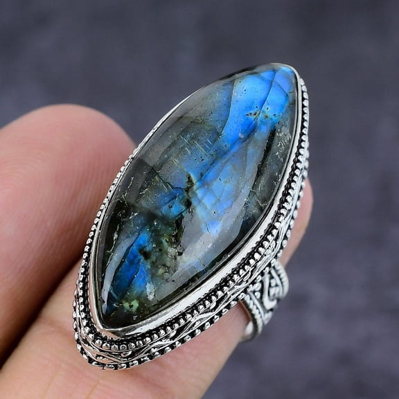 Natural Labradorite Gemstone Handmade 925 Sterling Silver Jewelry Ring S.8