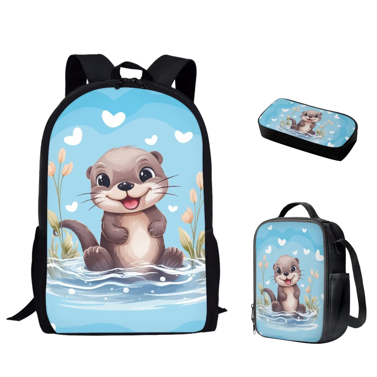 Binienty Otter Bookbag and Lunch Box Set for Girls Boys Teens Middle-School Elementary Bookbags with Pencil Box Case Back To School Backpack Set