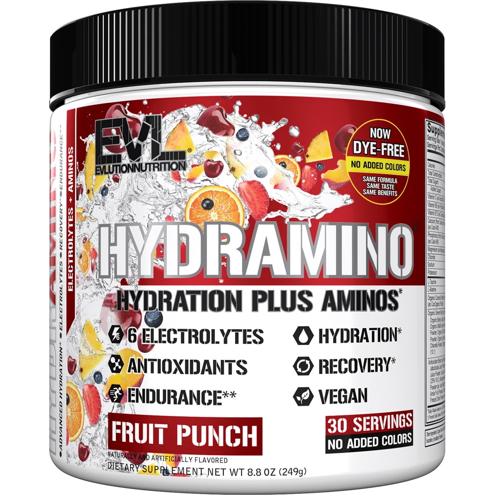 Evlution Nutrition HYDRAMINO Complete Hydration Multiplier, 6 Electrolytes, Vitamin C & B, Fluid Boosting Aminos, Coconut Water, Endurance, Recovery, Antioxidants, 30 Serve, Fruit Punch (Dye Free)