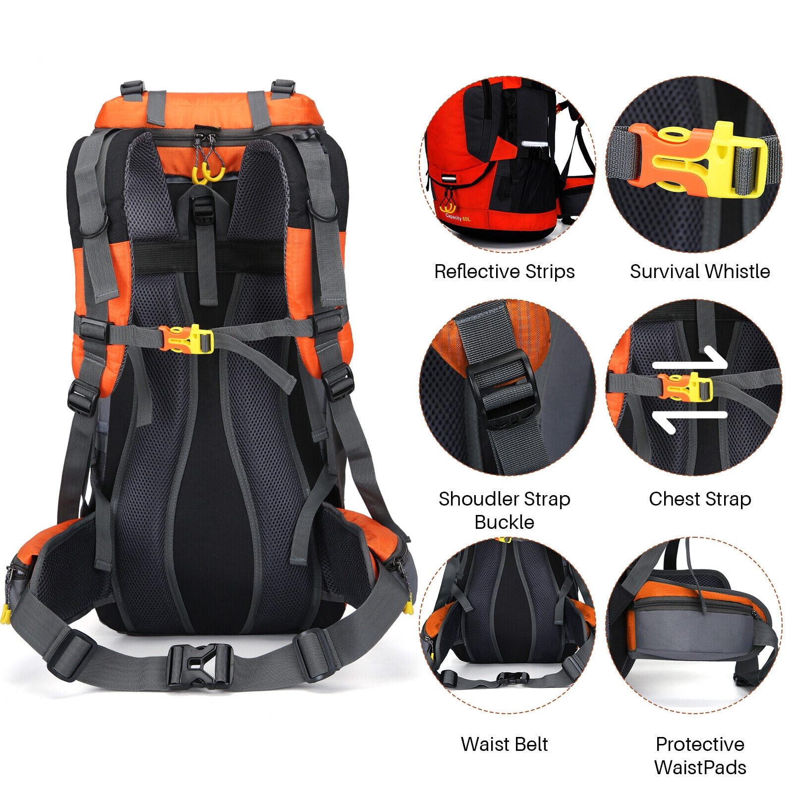 SHANNA 60L Waterproof Hiking Camping Backpack with Rain Cover Camping Rucksack Lightweight Hunting Rucksack,Orange