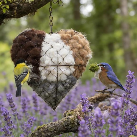 Handmade Fiber Bird Nesting Heart, Refillable Hummingbird Nest Holder with Natural Alpaca/Wool Fiber, Dual-Season Outdoor View House (1pcs)
