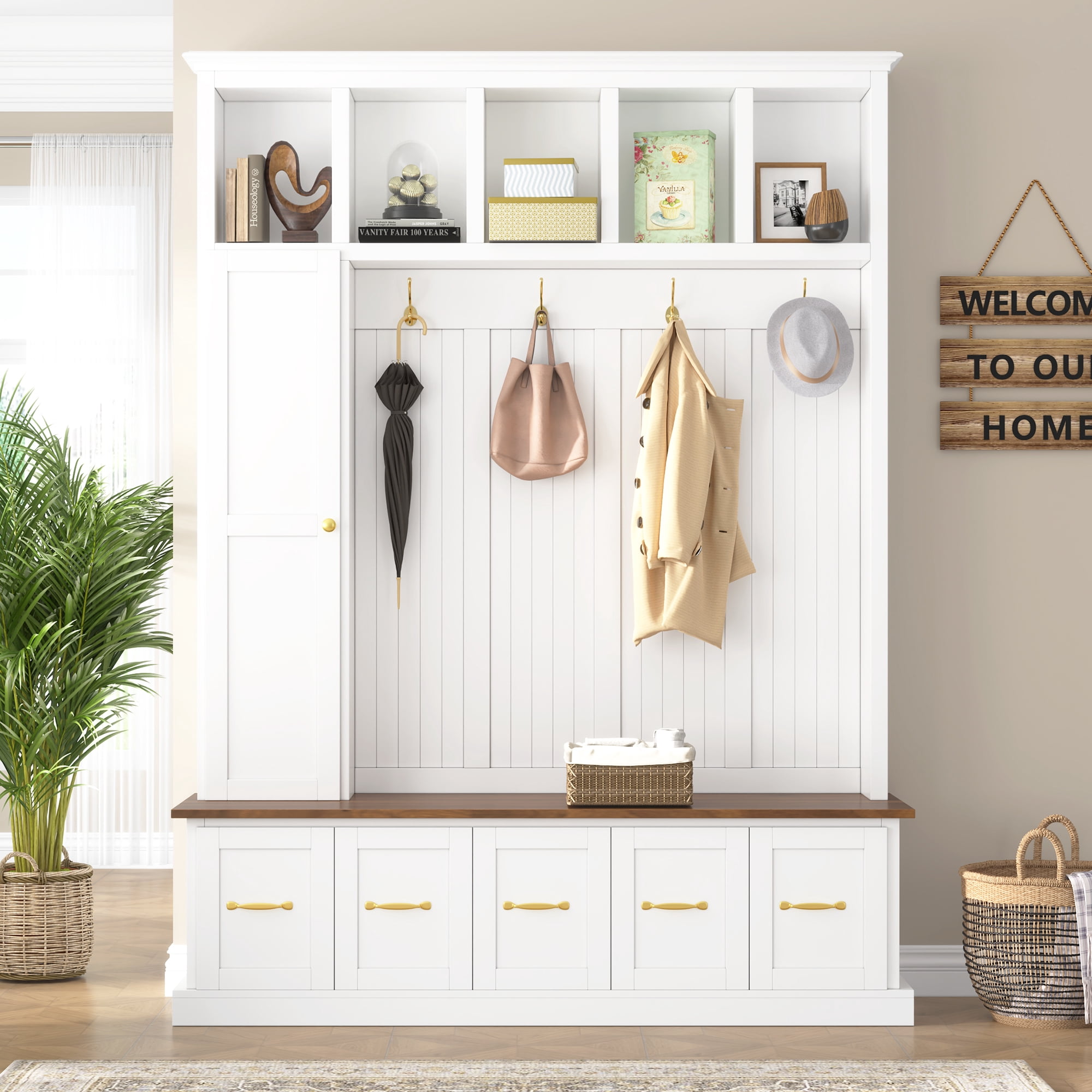 HOQBN 79"H Entryway Hall Tree with 5 Coat Hooks,Shoe Bench & 5 Drawer Storage Cabinet, All-in-One Storage Organizer Coat Rack for Hallway, Living Room,White