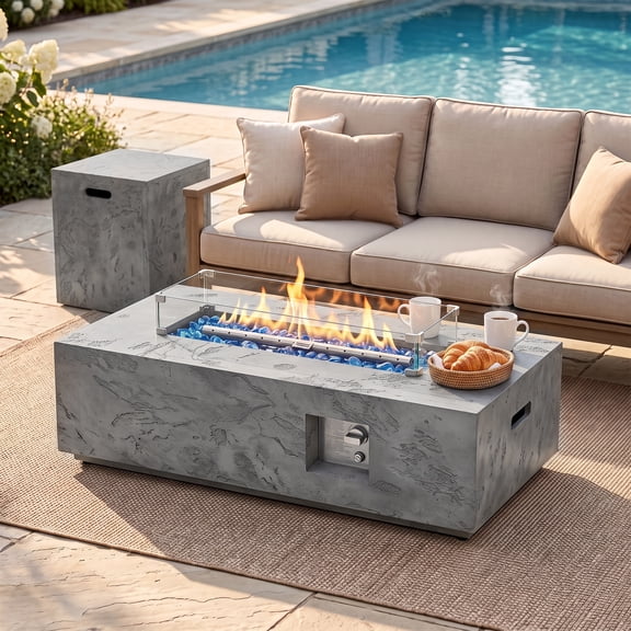 42'' Rectangular Propane Fire Pit Table, 50,000 BTU Outdoor Patio Gas Firepit with Wind Guard, Rain Cover & Glass Stones