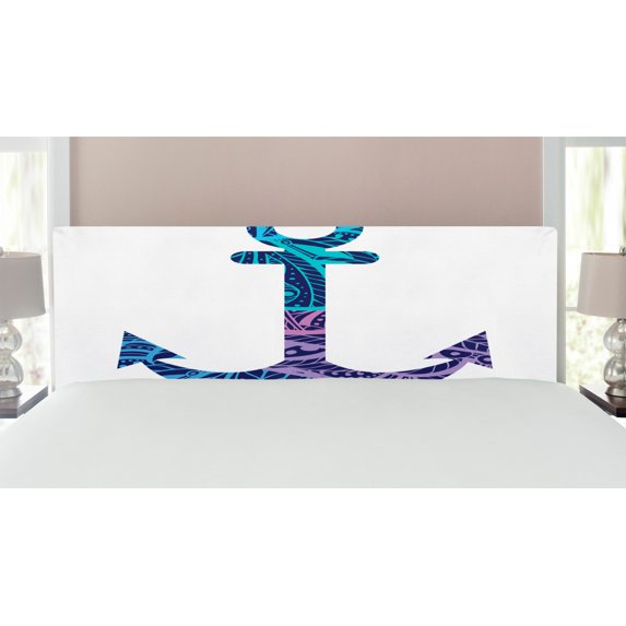 Anchor Headboard, Patterned Anchor Image Marine Elements Soul Emblem Oceanic Art Print, Upholstered Decorative Metal Bed Headboard with Memory Foam, King Size, Purple and Blue, by Ambesonne