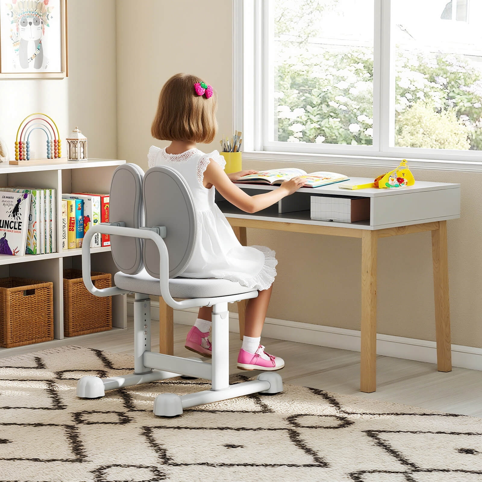 Costway Kids Desk Chair with Double Back Support Adjustable Height Upholstered Computer Chair Gray