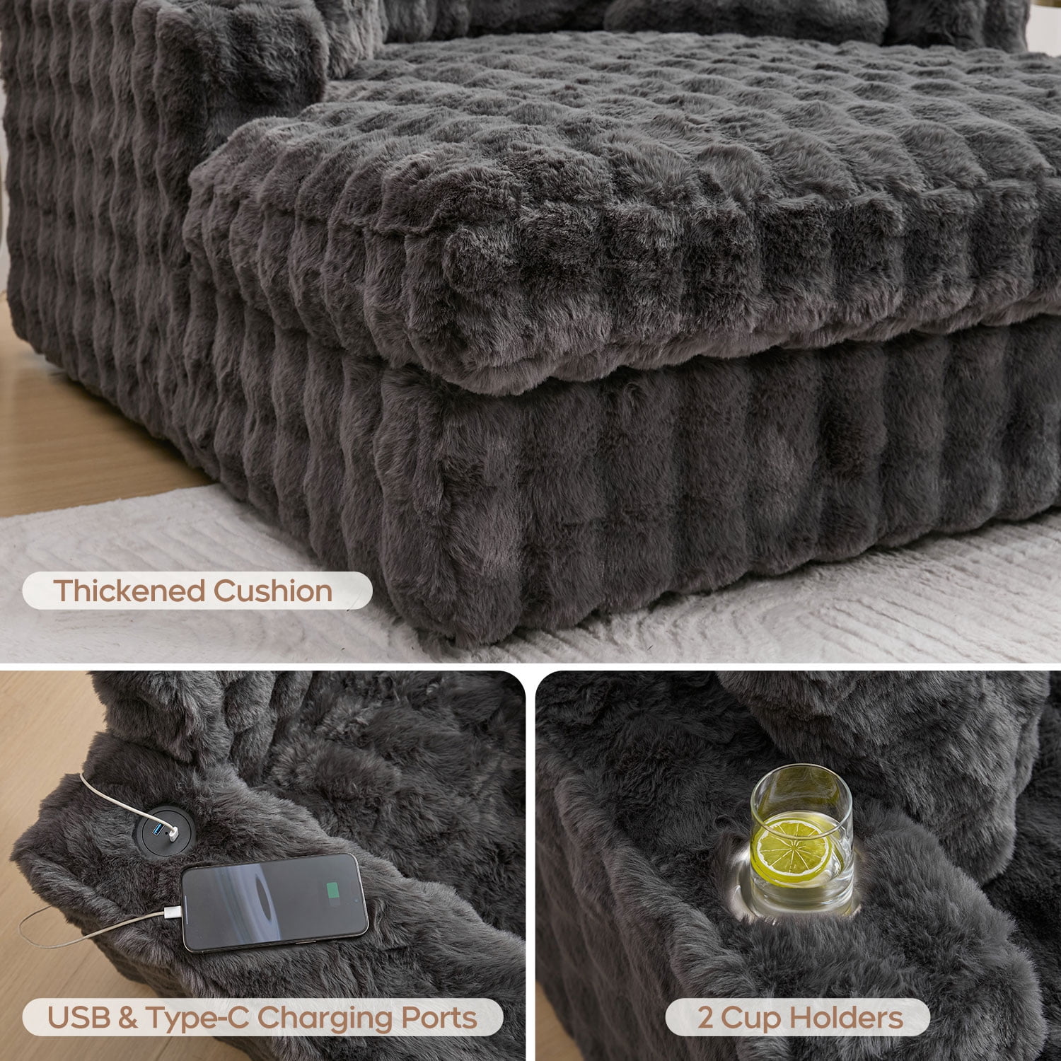 Faux Fur Oversized and Upholstered Chaise Lounge Loveseat Sleeper Sofa with Wood Frame and 2 Pillows, Gray