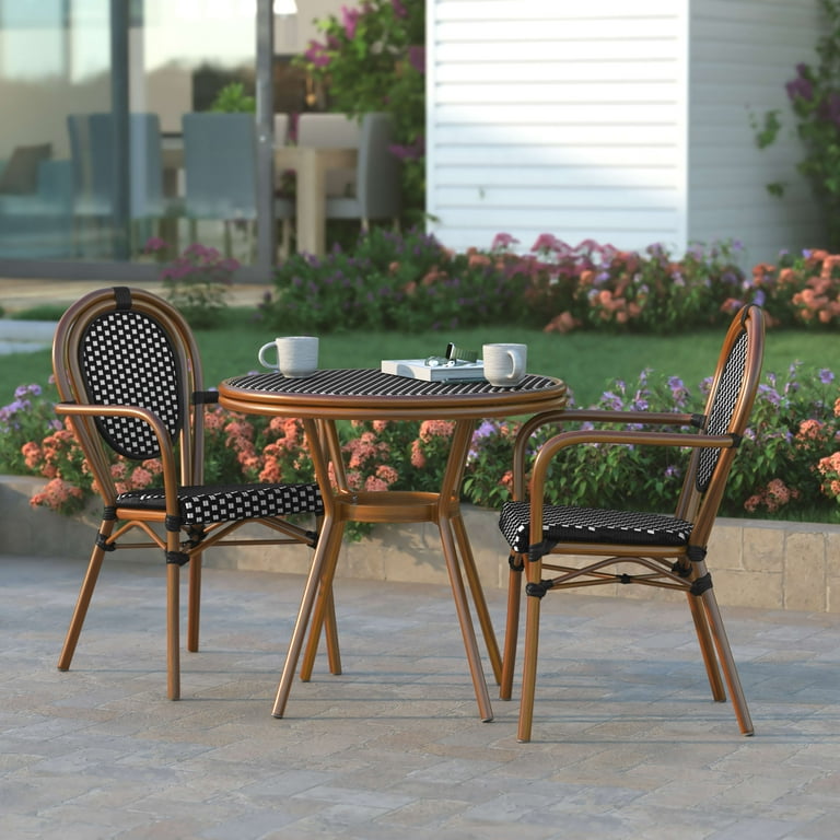 Emma Oliver Colmar Indoor Outdoor Bistro Style 31.5 in. Table with Black White PE Rattan Glass Top and Two Chairs Natural Frame