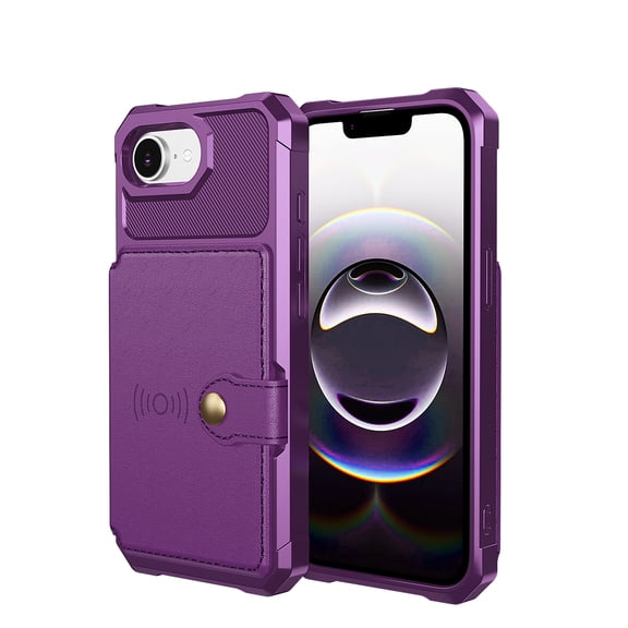 Allytechgroup Rugged Case for iPhone 16e Support Magnetic Car Mount, Premium PU Leather Flip Card Cash Holder Pocket Shockproof Anti-Fall Back Case for iPhone 16e, Purple