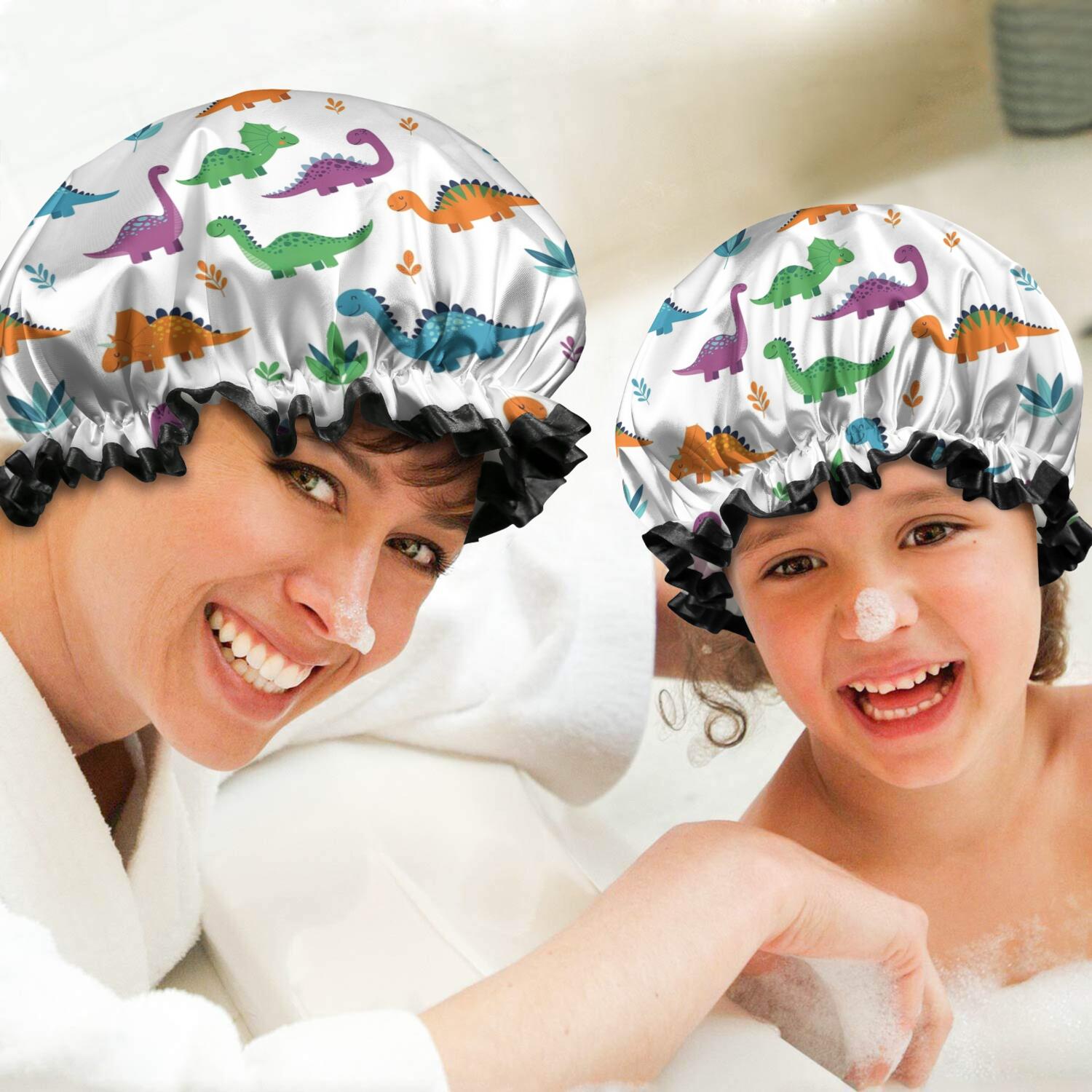 Shower Caps,White Dinosaurs Colorful Leaves Pattern Waterproof Shower Cap for Women 4 Pieces,Double Reusable Hair Cover for Shower PEVA Elastic Stretch Hem