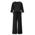thumbnail image 7 of Lekode Womens Linen Set Fashion Outfits Loose Lounge Sets Wide Leg Pants Gauze Capri Set Linen Loungewear Sets Roll-up Sleeve Top Linen Pants Set Casual Loungewear Vintage Style Boho Black L, 7 of 7