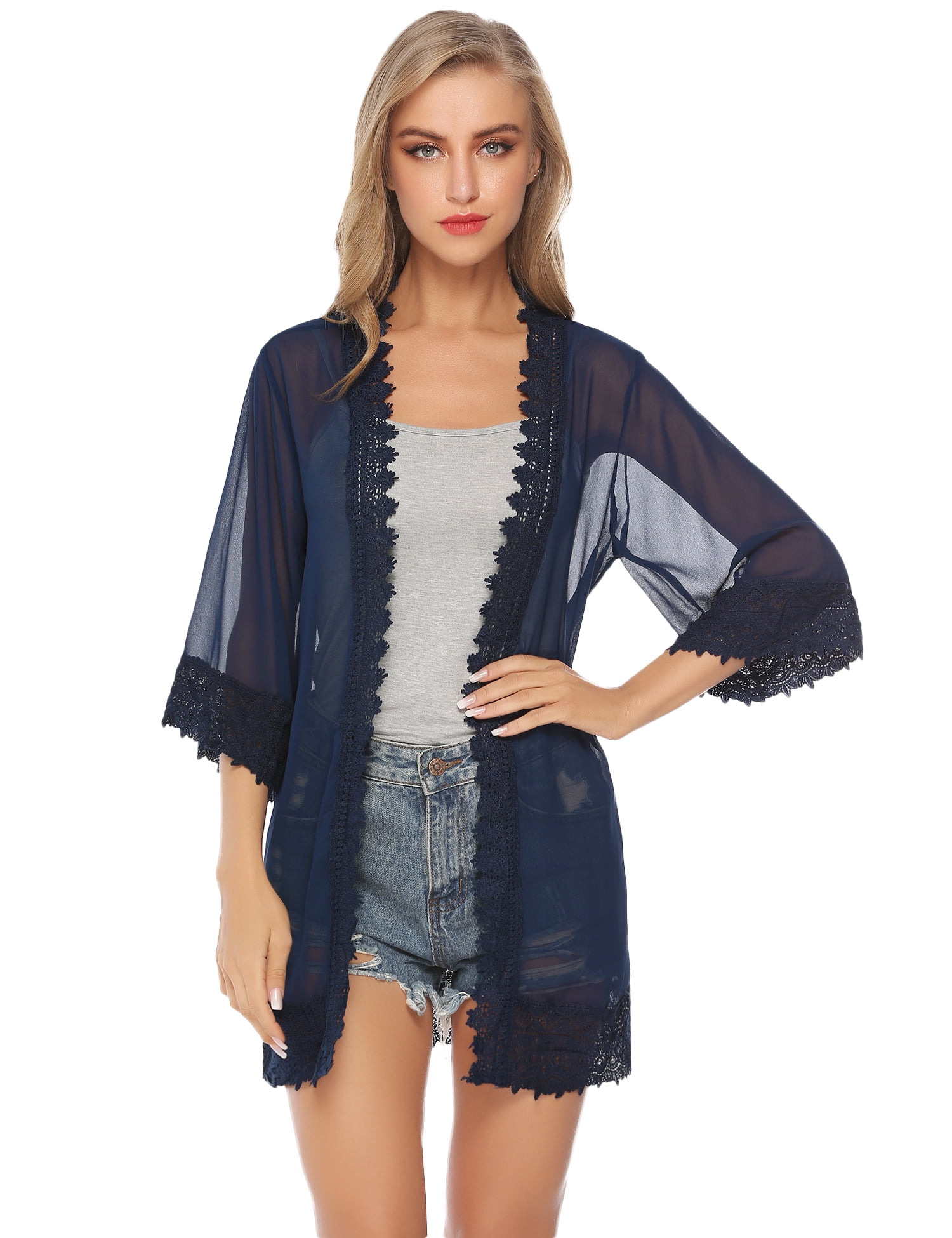 Women Chiffon Lace Kimono Cardigan Open Front Blouse Top