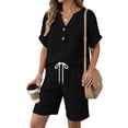 thumbnail image 3 of Bloomae Textured Knit Short Sets for Women 2 Piece Summer Short Sleeve Button V Neck Shirt Drawstring Waist Short Pants Matching Lounge Set Beach Loose Casual Vacation Outfits, 3 of 6
