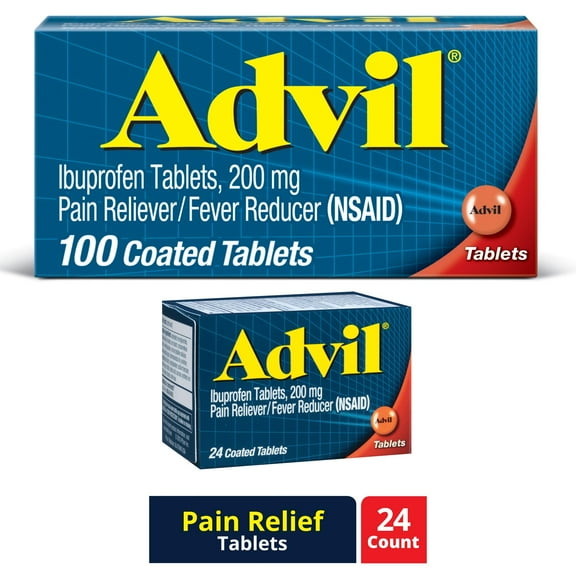 Advil Pain Relievers and Fever Reducer Coated Tablets, 200 Mg Ibuprofen, 100 Count   Advil Pain Relievers and Fever Reducer Coated Tablets, 200 Mg Ibuprofen, 24 Count