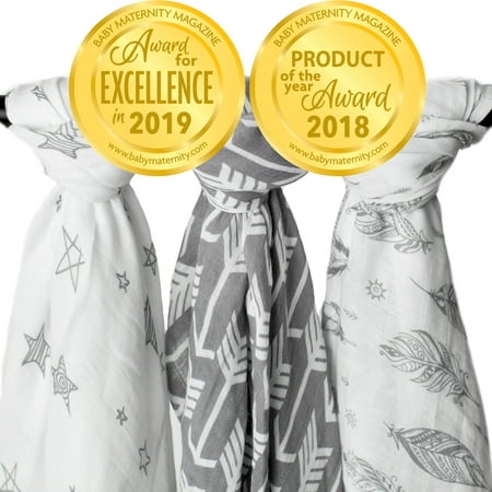 Kids N' Such Muslin Swaddle Blanket Set 'Wanderer' Large 47 x 47 inch - Super Soft Bamboo Blankets - Arrow, Feather and Stars - 3 Pack Baby Shower Gift Bundle of Swaddles for Boys and Girls