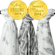 Muslin Swaddle Blanket Set Large 47 x 47 inch - Bamboo - Arrow, Feather and Stars - 3 Pack