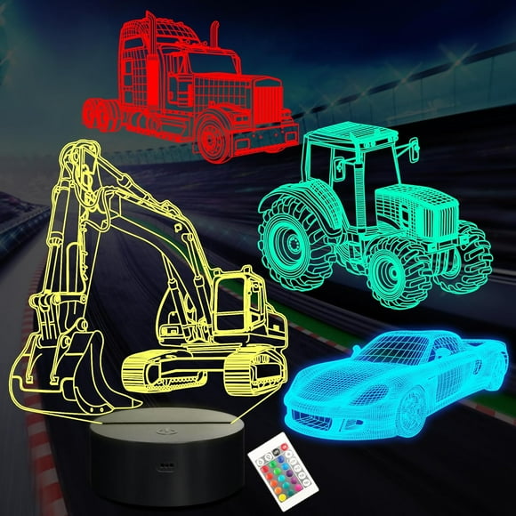 MISSUNNY Car Gifts, 4 Patterns Hologram Night Light for Kids with Remote Control 16 Color Changing, Dimmable Function, Unique Birthday Xmas Gifts for Kids Boy Girl(Race car,Tractor, Truck, Excavator)