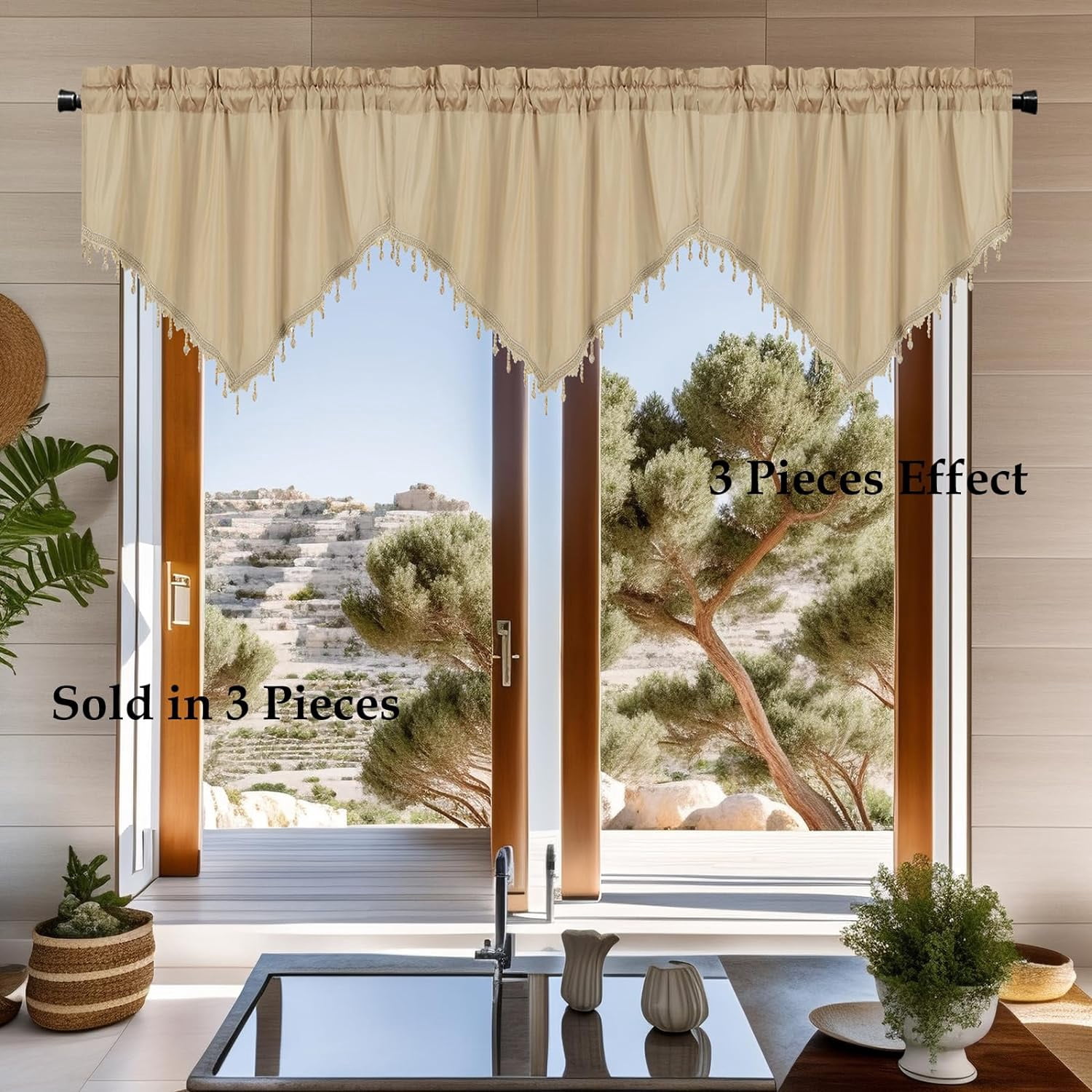 Zhuge Luxury Beaded Triangle Curtain Valances 3 Panels for Living Room Bathroom Cafe Laundry Basement Rod Pocket Half Blackout Short Window Valance Curtains (Beige,51"x23")