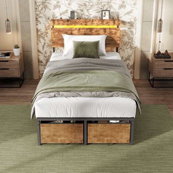 Tydimor Twin Size Bed Frame with 2 Drawers & LED Lights & Charging Station, Beds with Headboard & 10.10" Under Bed Storage, No Box Spring Needed, Easy Assembly, Rustic Brown