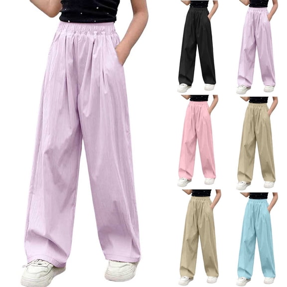 Agkizg Kids Girls Ice Silk Wide Leg Pants Lightweight Flowy Straight Leg Trousers for Summer Breathable Casual Wear, Sizes 14-15 Years
