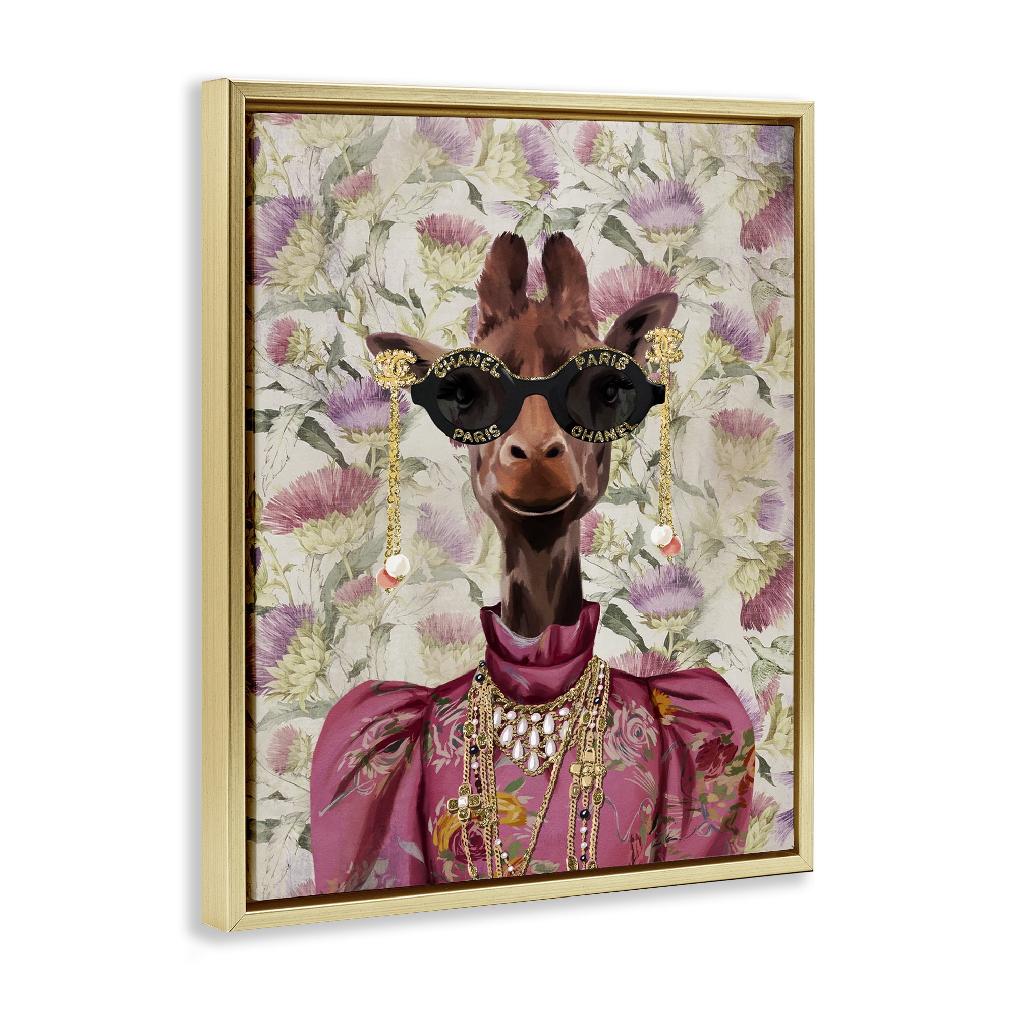 Stupell Industries Fancy Giraffe on Florals Animals Painting Gold Floater Framed Canvas Art Print Wall Art, 17 x 21