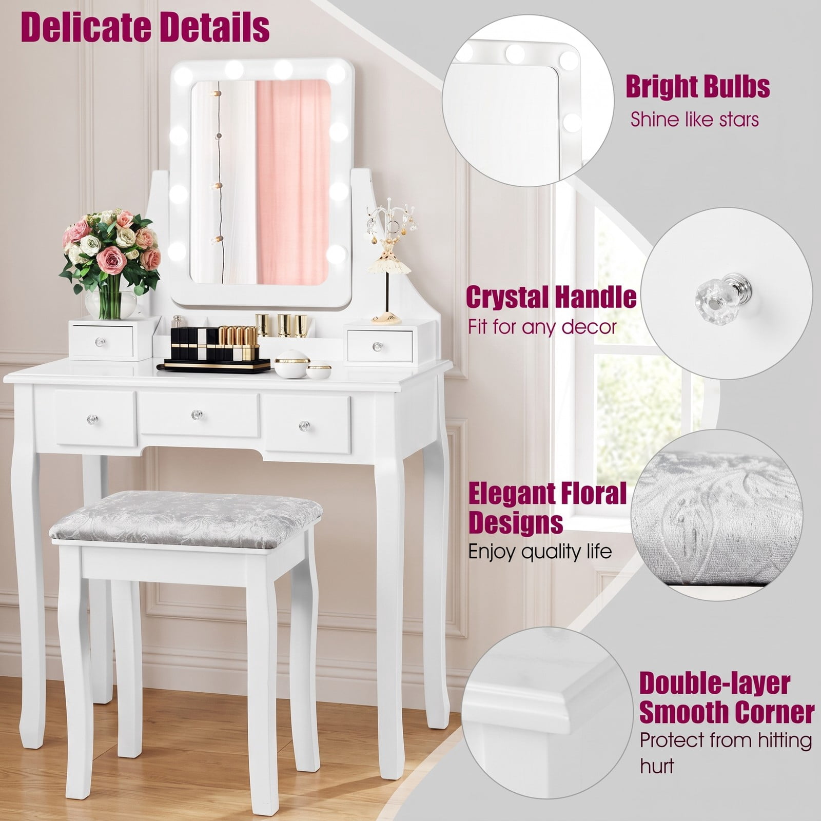 Furnibear Vanity Dressing Table Set with 10 Dimmable Bulbs and Cushioned Stool, 5 Drawers, Rotating Makeup Mirror for Bedroom, White