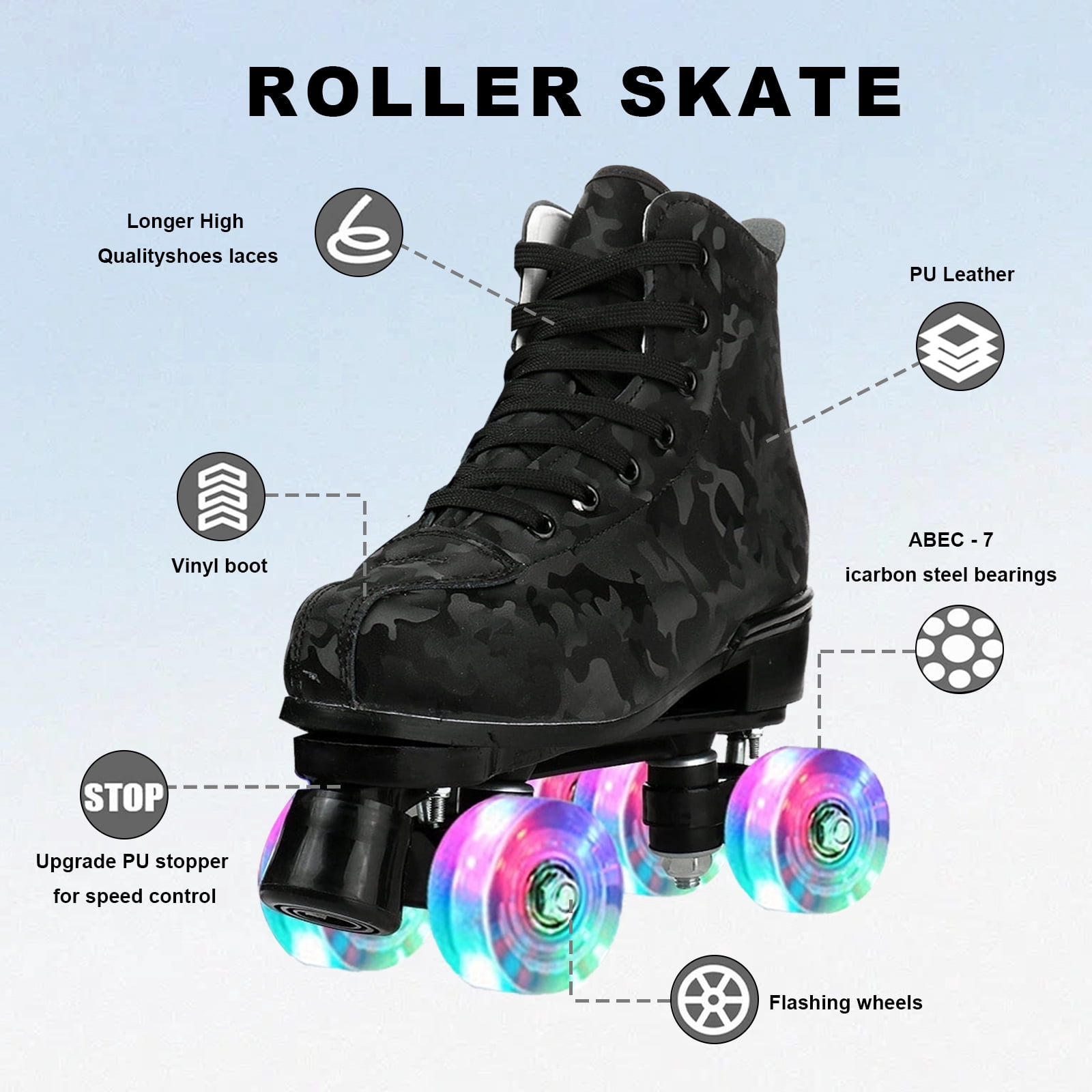 SHIBAILI Light up Roller Skates for Woman, Black Camo Color,Free Skate(8.5)