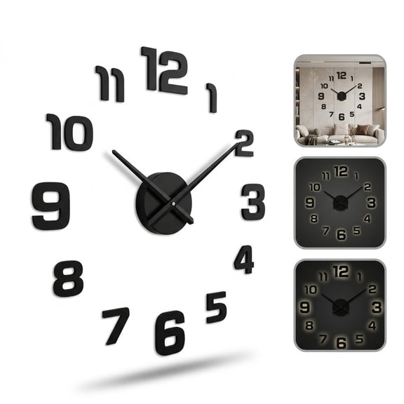DIY Black Number Wall Clock, Frameless Large Wall Clock Sticker, Self-Adhesive Silent Living Room Wall Decor