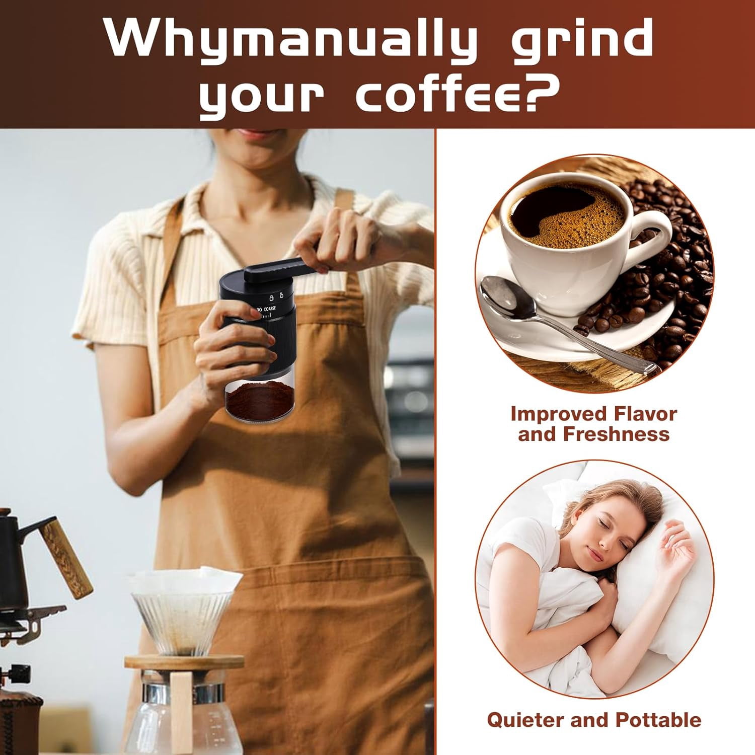 Manual Coffee Grinder - 95 Ceramic Burr, Adjustable Coarse to Fine, 30g Beans & 80ml Powder, Detachable Handle for Espresso, French Press, Camping (Black)