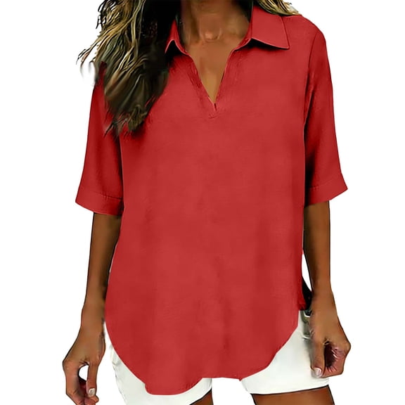 Olyvenn Cotton Linen Shirts for Women Dressy Casual 2026 Short Sleeve V Neck Tunic Tops Summer Solid Boho Fashion Outfits Red L