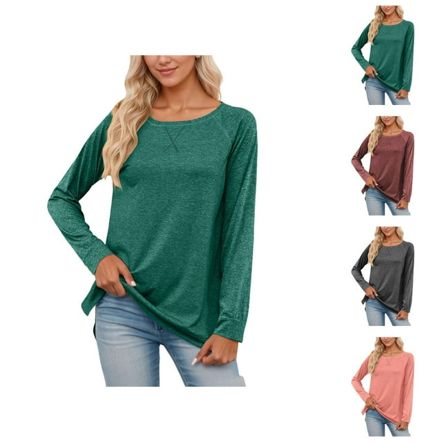 Womens Long Sleeve Shirts 2026 Spring Fashion Crewneck Raglan Sleeve Relaxed Fit Casual Basic T Shirts
