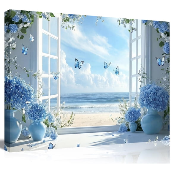 Coastal Flower Bathroom Canvas Wall Art Farmhouse Cotton Bouquet And Butterfly Window Rustic Blue Beach Style for Living Room Bedroom Restroom Beach House Coastal Themed Interior Decor
