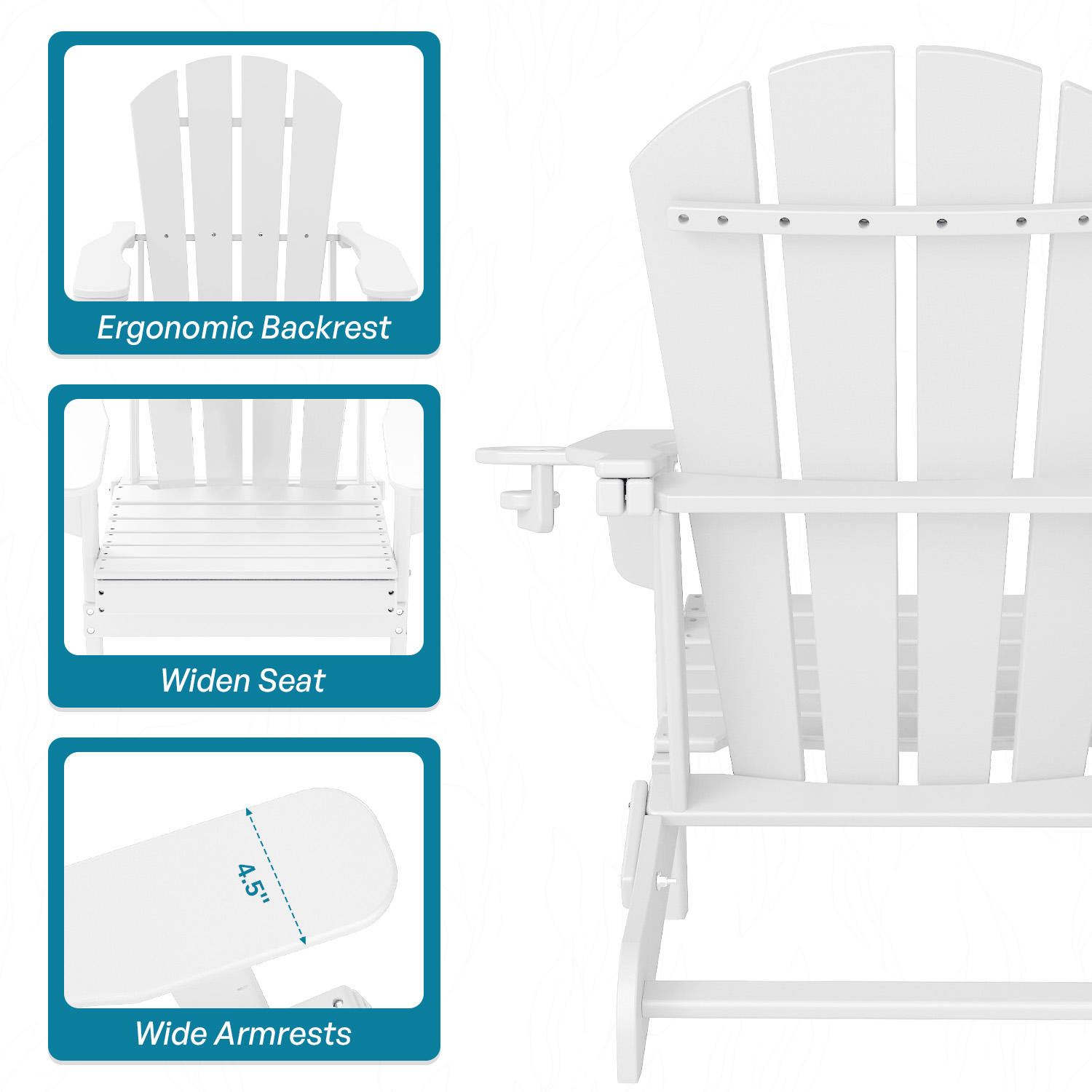 FURRYFECTION Folding Adirondack Chair with Cup Holder,All-Weather HDPE Outdoor Fir Pit Chairs for Patio Garden Backyard,White