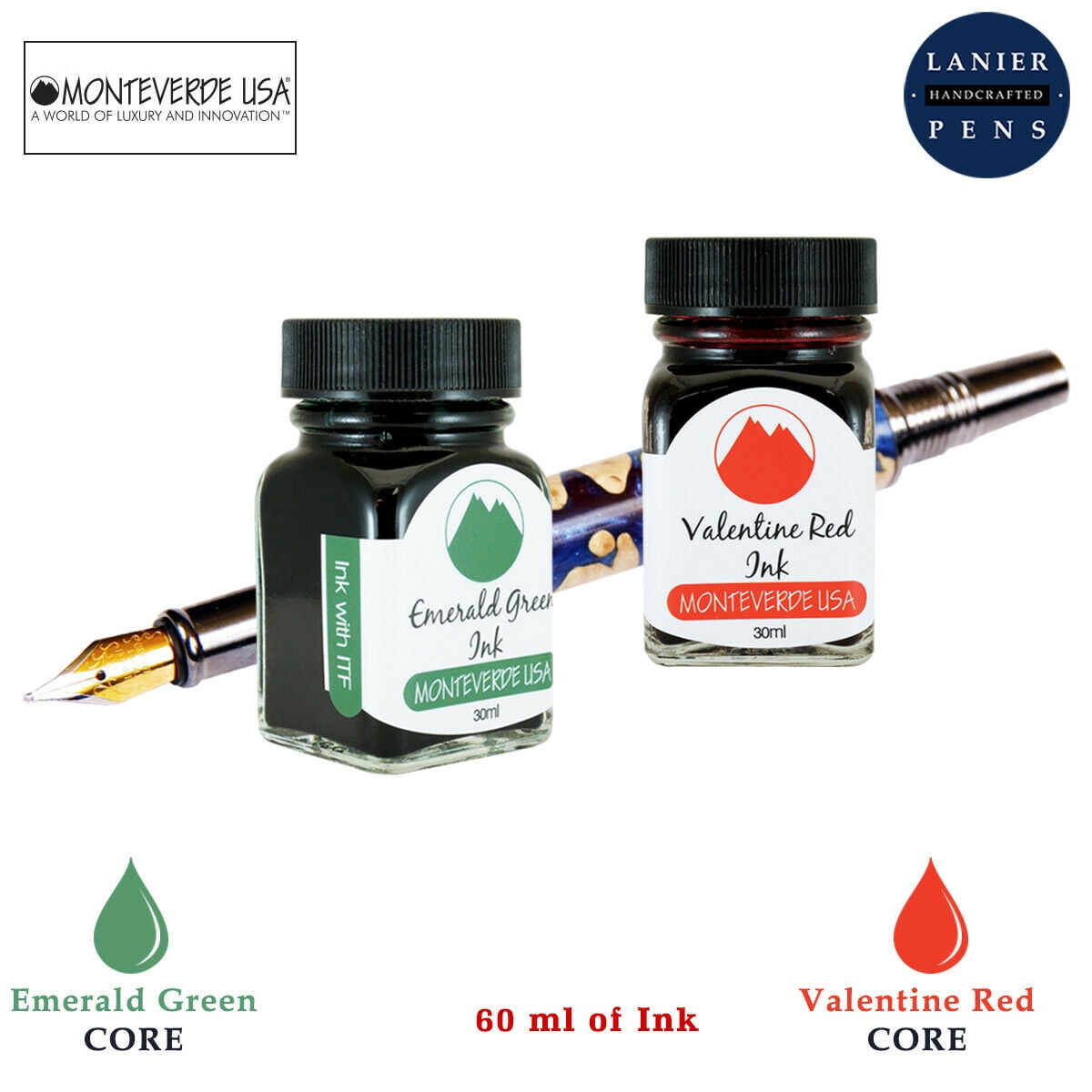 Monteverde 60ml Core Fountain Pen Ink Bottle (30ml Emerald Green Ink Bottle G309EG, 30ml Valentine Red Ink Bottle G309VR)